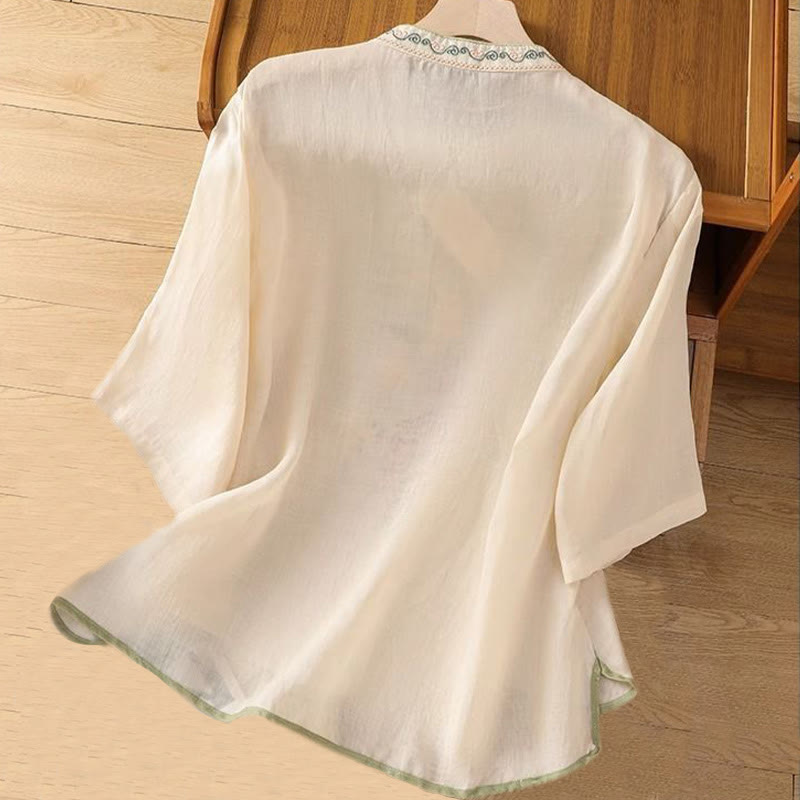 Buddha Stones Casual Ethnic Style Embroidery Flower Pattern Frog-Button Stand Collar Women's Cotton Linen Shirt - image 5