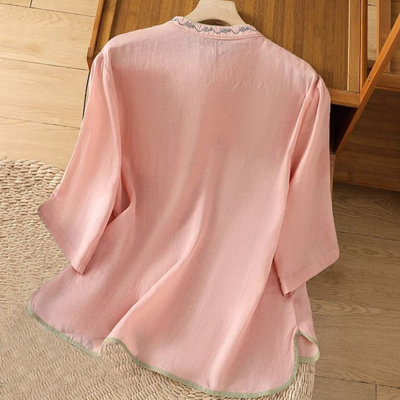 Buddha Stones Casual Ethnic Style Embroidery Flower Pattern Frog-Button Stand Collar Women's Cotton Linen Shirt - image 3