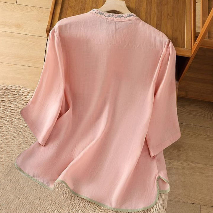 Buddha Stones Casual Ethnic Style Embroidery Flower Pattern Frog-Button Stand Collar Women's Cotton Linen Shirt - image 3