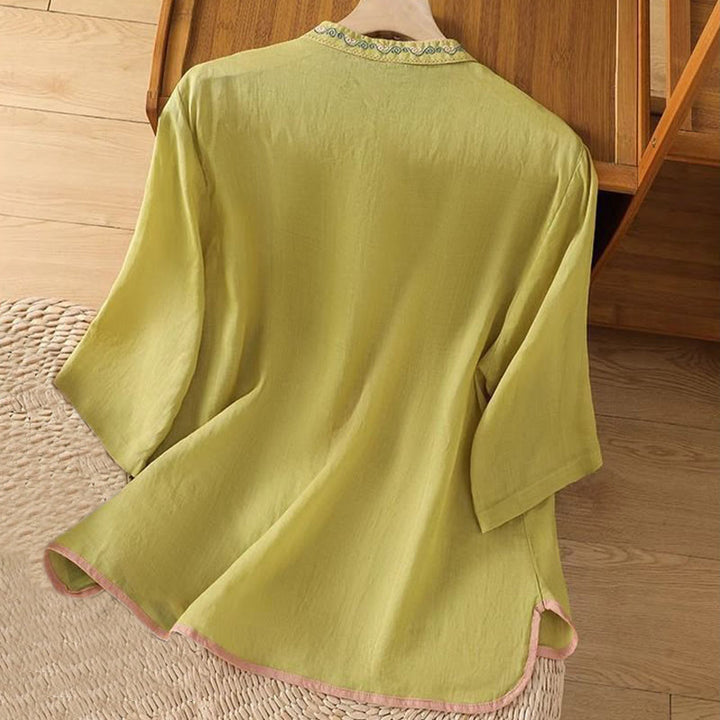 Buddha Stones Casual Ethnic Style Embroidery Flower Pattern Frog-Button Stand Collar Women's Cotton Linen Shirt - image 7