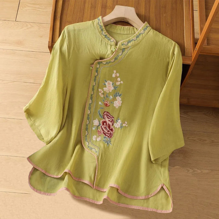 Buddha Stones Casual Ethnic Style Embroidery Flower Pattern Frog-Button Stand Collar Women's Cotton Linen Shirt - YellowGreen - US14,UK/AU18,EU46 (4XL) - image 6