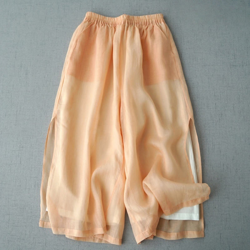 Buddha Stones Casual Plain Ramie Slit 7-8 Length Women's Wide Leg Pants With Pockets