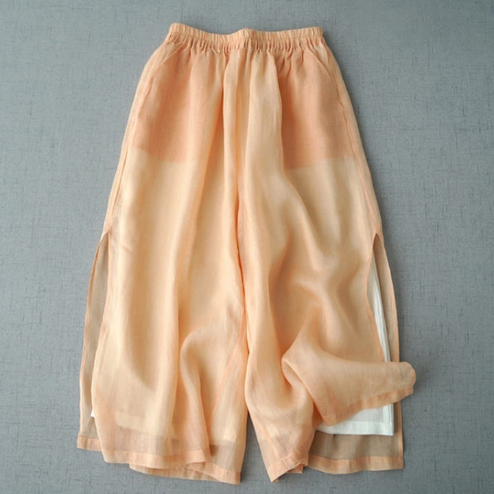 Buddha Stones Casual Plain Ramie Slit 7-8 Length Women's Wide Leg Pants With Pockets