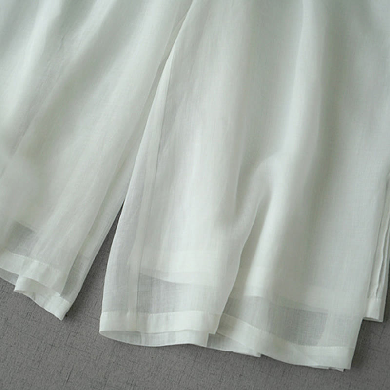 Buddha Stones Casual Plain Ramie Slit 7-8 Length Women's Wide Leg Pants With Pockets