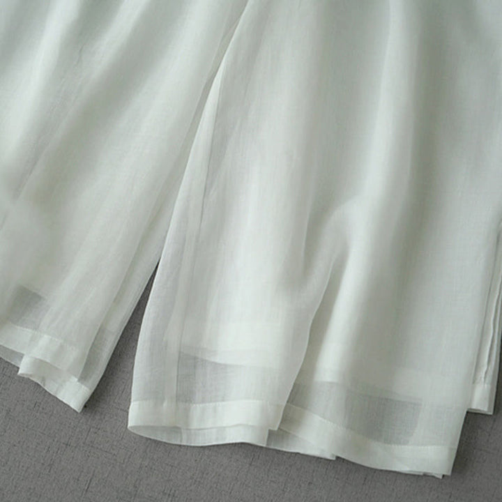 Buddha Stones Casual Plain Ramie Slit 7-8 Length Women's Wide Leg Pants With Pockets