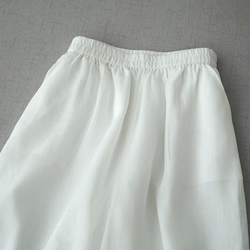 Buddha Stones Casual Plain Ramie Slit 7-8 Length Women's Wide Leg Pants With Pockets