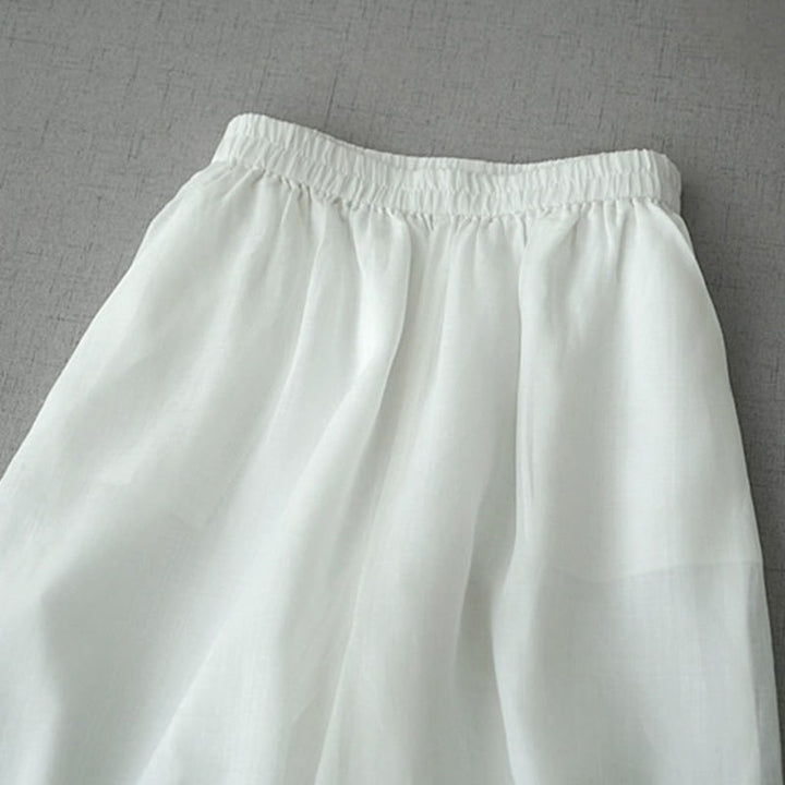 Buddha Stones Casual Plain Ramie Slit 7-8 Length Women's Wide Leg Pants With Pockets