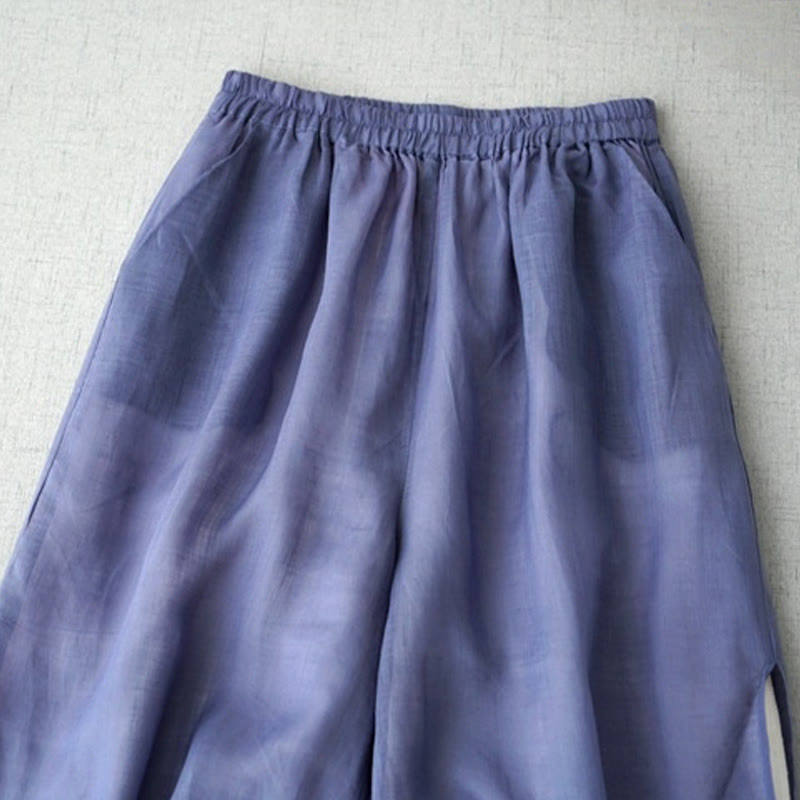 Buddha Stones Casual Plain Ramie Slit 7-8 Length Women's Wide Leg Pants With Pockets