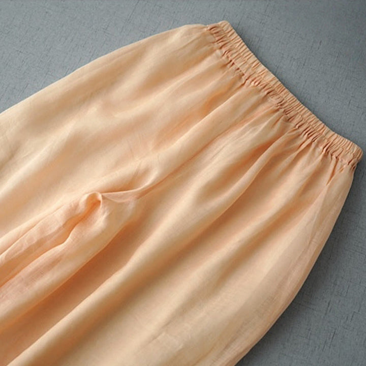 Buddha Stones Casual Plain Ramie Slit 7-8 Length Women's Wide Leg Pants With Pockets