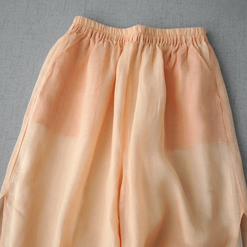 Buddha Stones Casual Plain Ramie Slit 7-8 Length Women's Wide Leg Pants With Pockets