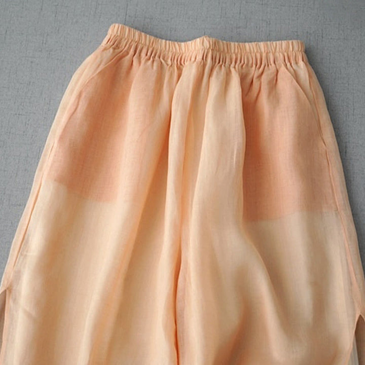 Buddha Stones Casual Plain Ramie Slit 7-8 Length Women's Wide Leg Pants With Pockets