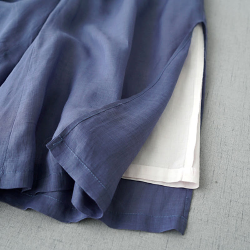 Buddha Stones Casual Plain Ramie Slit 7-8 Length Women's Wide Leg Pants With Pockets