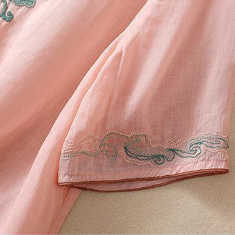 Buddha Stones Casual Retro Embroidery Frog-Button Design Women's Cotton Linen Half Sleeve Shirt - image 8