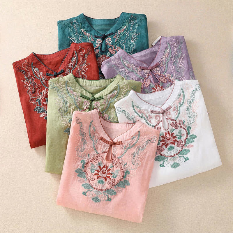 Buddha Stones Casual Retro Embroidery Frog-Button Design Women's Cotton Linen Half Sleeve Shirt - image 20