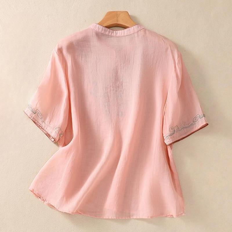 Buddha Stones Casual Retro Embroidery Frog-Button Design Women's Cotton Linen Half Sleeve Shirt - image 6