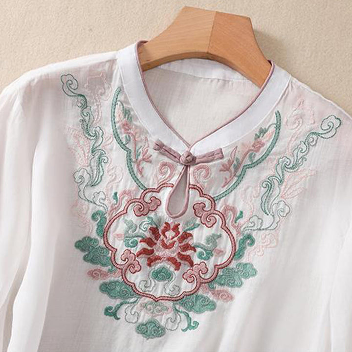 Buddha Stones Casual Retro Embroidery Frog-Button Design Women's Cotton Linen Half Sleeve Shirt - image 15
