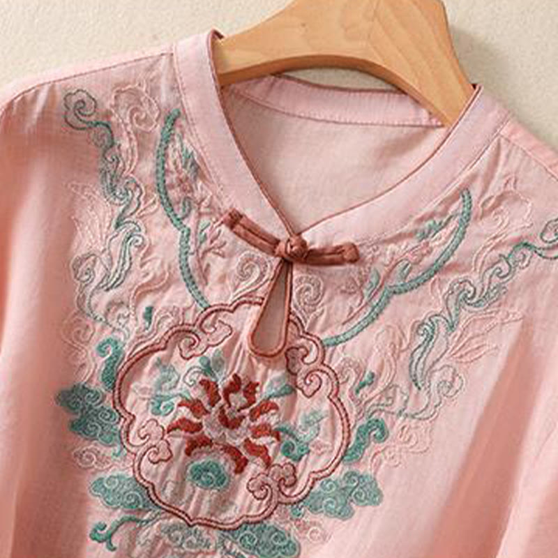 Buddha Stones Casual Retro Embroidery Frog-Button Design Women's Cotton Linen Half Sleeve Shirt - image 7