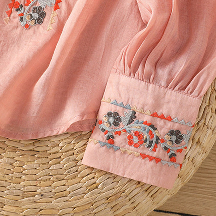 Buddha Stones Vintage Embroidery Single Row Multi-Button Placket Design Women's Cotton Linen Long Lantern Sleeve Shirt - image 7