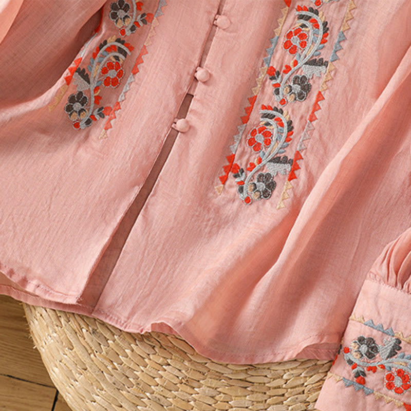 Buddha Stones Vintage Embroidery Single Row Multi-Button Placket Design Women's Cotton Linen Long Lantern Sleeve Shirt - image 9