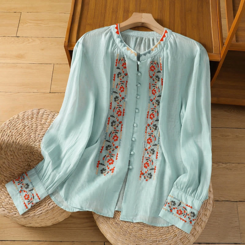 Buddha Stones Vintage Embroidery Single Row Multi-Button Placket Design Women's Cotton Linen Long Lantern Sleeve Shirt - Turquoise - US8-10,UK/AU12-14,EU40-42 (2XL) - image 11