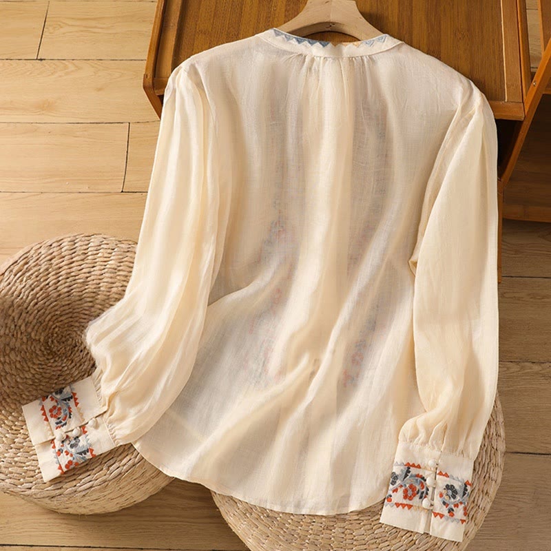 Buddha Stones Vintage Embroidery Single Row Multi-Button Placket Design Women's Cotton Linen Long Lantern Sleeve Shirt - image 1