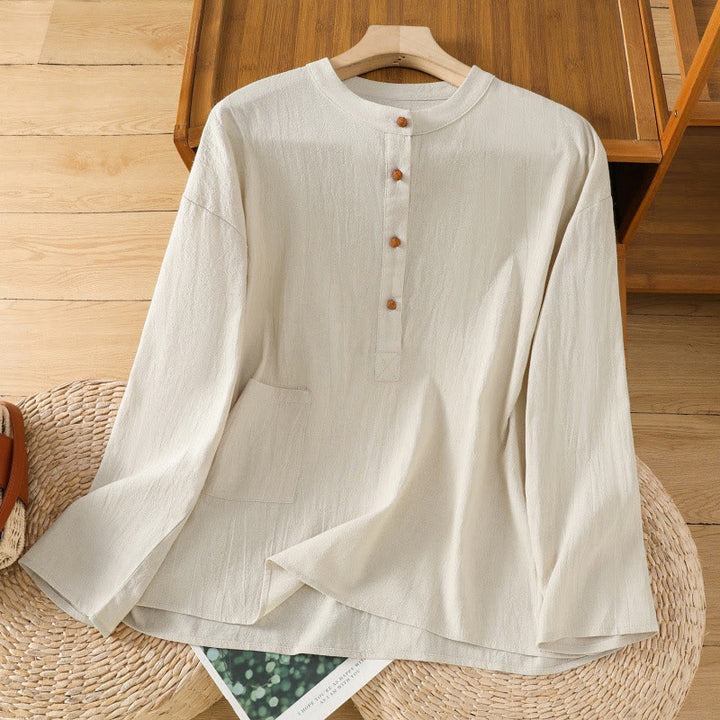 Buddha Stones Summer Casual Pure Color Half Button Simple Design Women's Cotton Linen Half Sleeve Shirt With Pocket - LightYellow - US12,UK/AU16,EU44 (2XL) - image 0