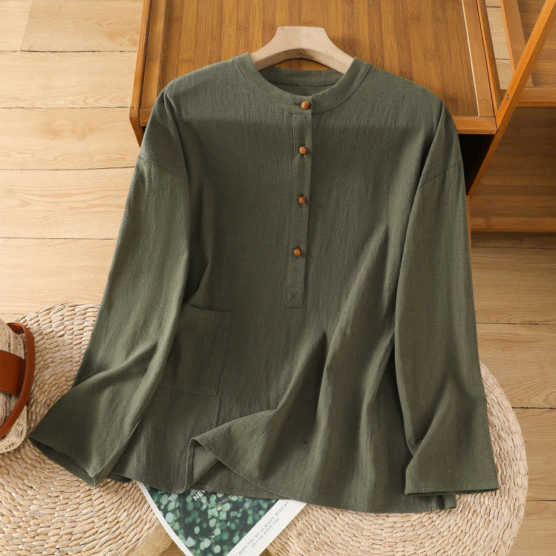 Buddha Stones Summer Casual Pure Color Half Button Simple Design Women's Cotton Linen Half Sleeve Shirt With Pocket - DarkOliveGreen - US12,UK/AU16,EU44 (2XL) - image 6