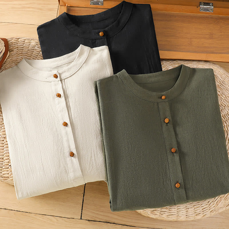 Buddha Stones Summer Casual Pure Color Half Button Simple Design Women's Cotton Linen Half Sleeve Shirt With Pocket - image 20