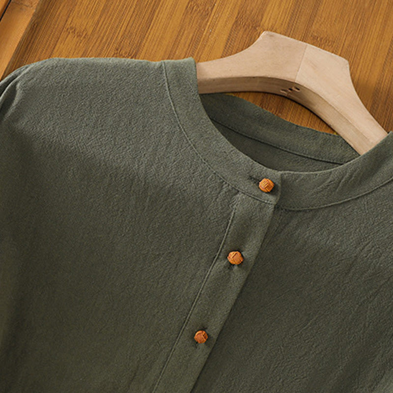 Buddha Stones Summer Casual Pure Color Half Button Simple Design Women's Cotton Linen Half Sleeve Shirt With Pocket - image 8