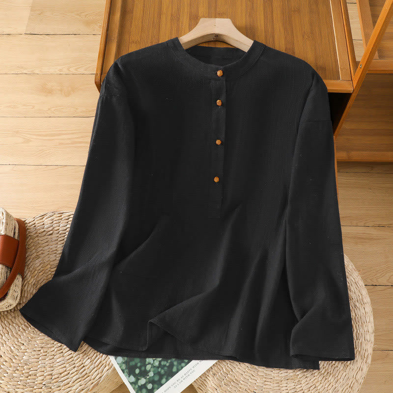 Buddha Stones Summer Casual Pure Color Half Button Simple Design Women's Cotton Linen Half Sleeve Shirt With Pocket - Black - US12,UK/AU16,EU44 (2XL) - image 12