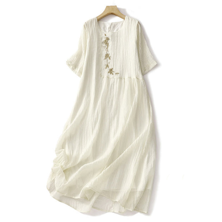 Buddha Stones Summer Casual Plain Embroidery Double Layer Short Sleeve Cotton Linen Midi Dress - LightYellow - US8-10,UK/AU12-14,EU40-42 (2XL) - image 10