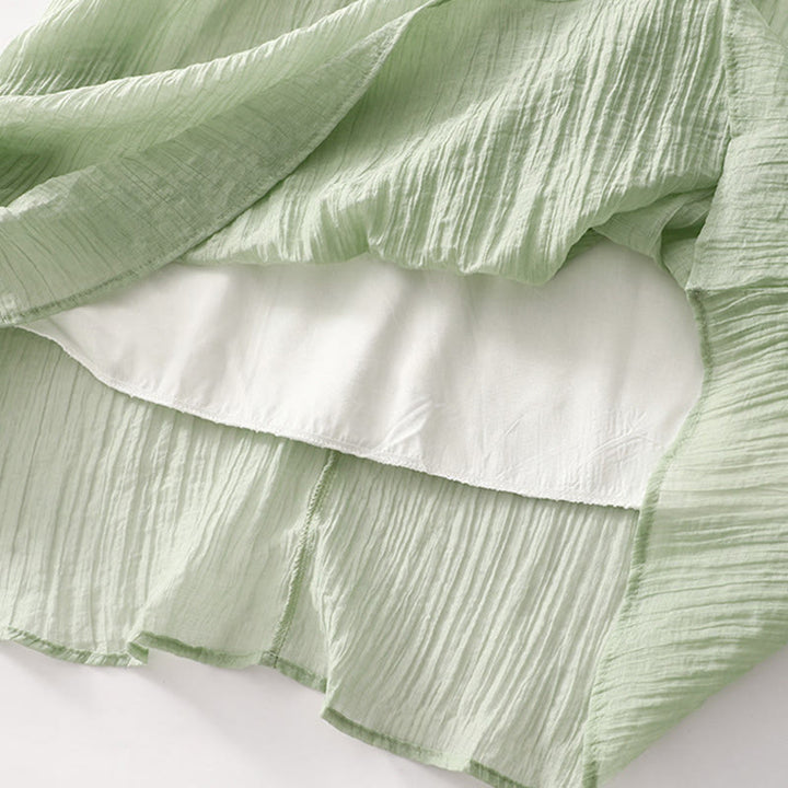 Buddha Stones Summer Casual Plain Embroidery Double Layer Short Sleeve Cotton Linen Midi Dress - image 9