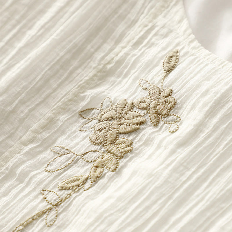 Buddha Stones Summer Casual Plain Embroidery Double Layer Short Sleeve Cotton Linen Midi Dress - image 13