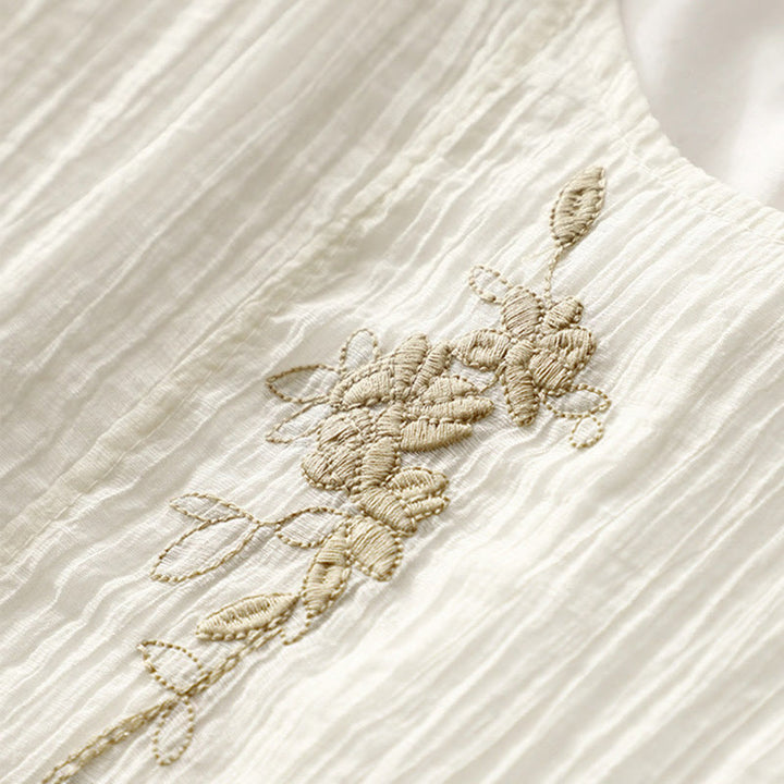 Buddha Stones Summer Casual Plain Embroidery Double Layer Short Sleeve Cotton Linen Midi Dress - image 13