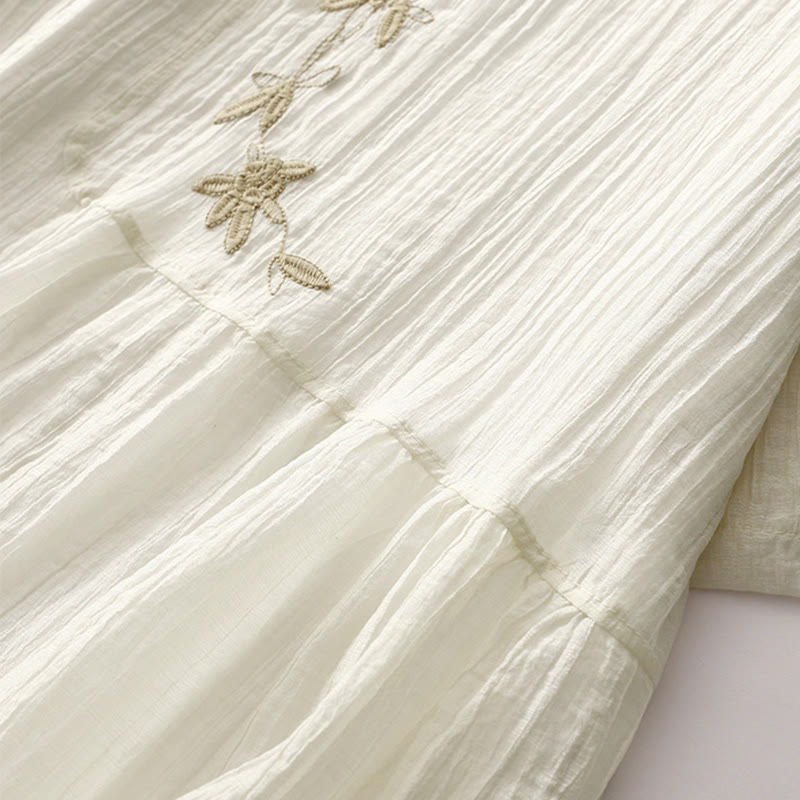 Buddha Stones Summer Casual Plain Embroidery Double Layer Short Sleeve Cotton Linen Midi Dress - image 14