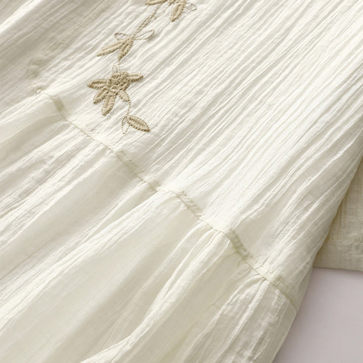 Buddha Stones Summer Casual Plain Embroidery Double Layer Short Sleeve Cotton Linen Midi Dress - image 14