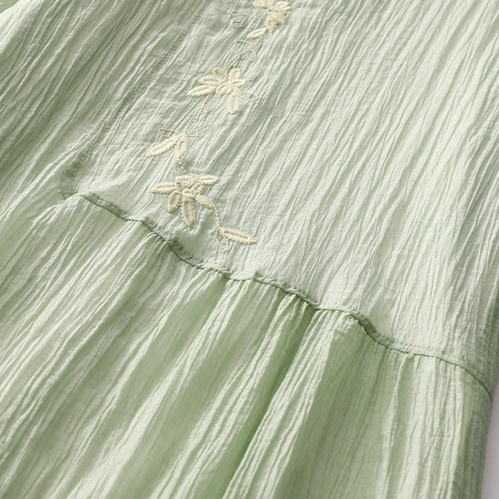 Buddha Stones Summer Casual Plain Embroidery Double Layer Short Sleeve Cotton Linen Midi Dress - image 4