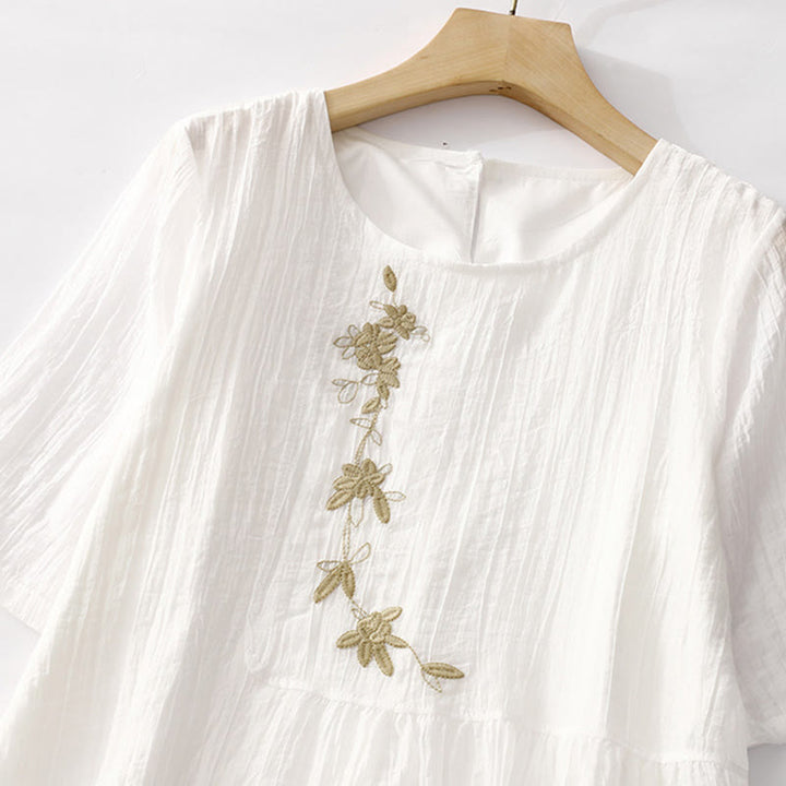 Buddha Stones Summer Casual Plain Embroidery Double Layer Short Sleeve Cotton Linen Midi Dress - image 23