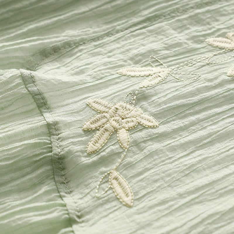 Buddha Stones Summer Casual Plain Embroidery Double Layer Short Sleeve Cotton Linen Midi Dress - image 3