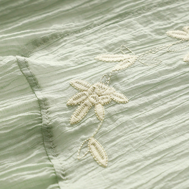 Buddha Stones Summer Casual Plain Embroidery Double Layer Short Sleeve Cotton Linen Midi Dress - image 3