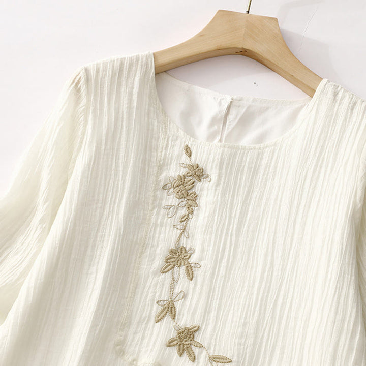 Buddha Stones Summer Casual Plain Embroidery Double Layer Short Sleeve Cotton Linen Midi Dress - image 12