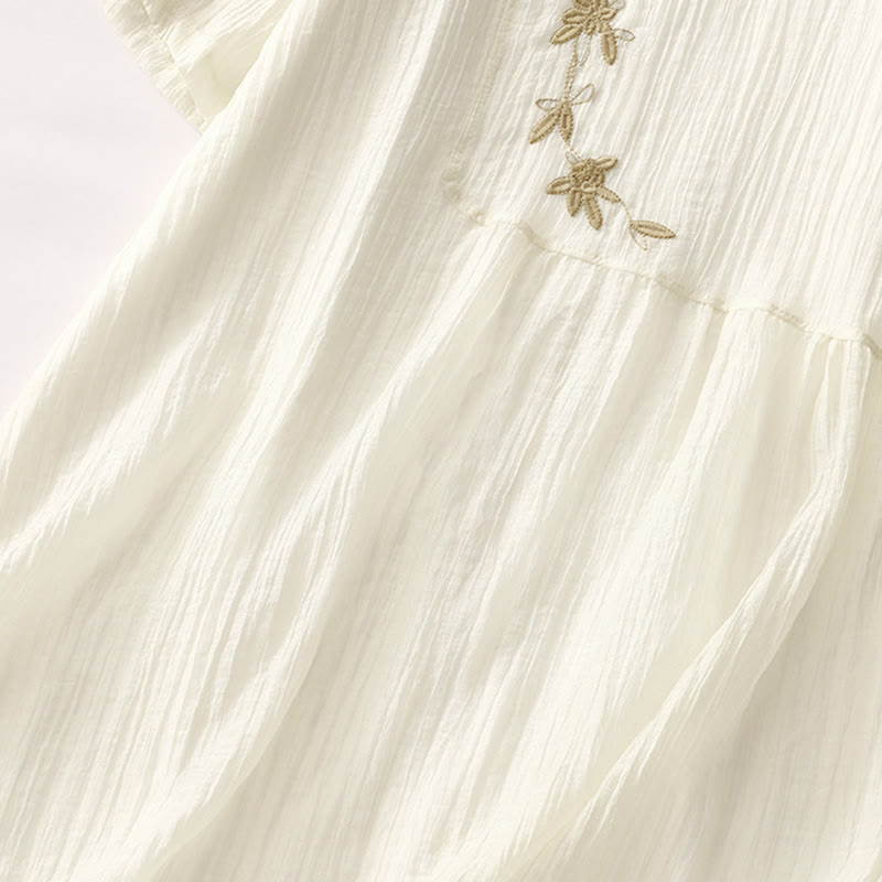 Buddha Stones Summer Casual Plain Embroidery Double Layer Short Sleeve Cotton Linen Midi Dress - image 15