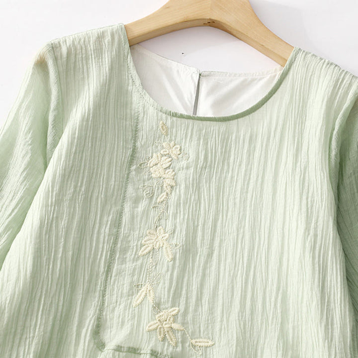 Buddha Stones Summer Casual Plain Embroidery Double Layer Short Sleeve Cotton Linen Midi Dress - image 2