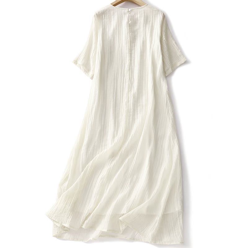 Buddha Stones Summer Casual Plain Embroidery Double Layer Short Sleeve Cotton Linen Midi Dress - image 11