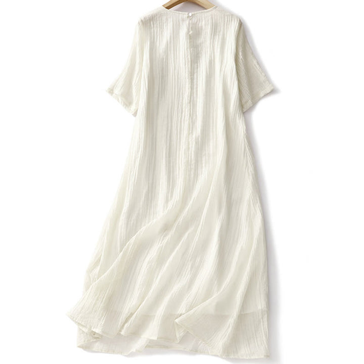 Buddha Stones Summer Casual Plain Embroidery Double Layer Short Sleeve Cotton Linen Midi Dress - image 11