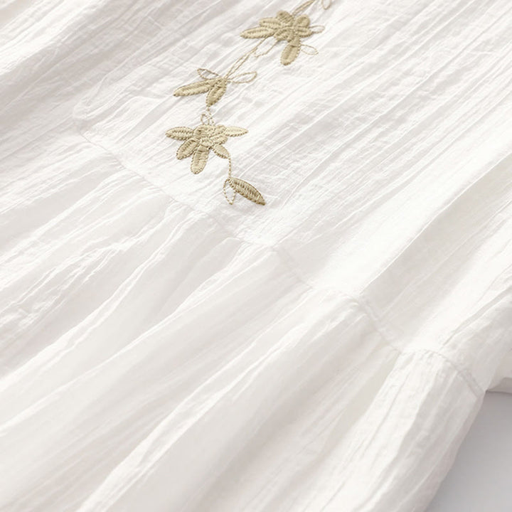 Buddha Stones Summer Casual Plain Embroidery Double Layer Short Sleeve Cotton Linen Midi Dress - image 25