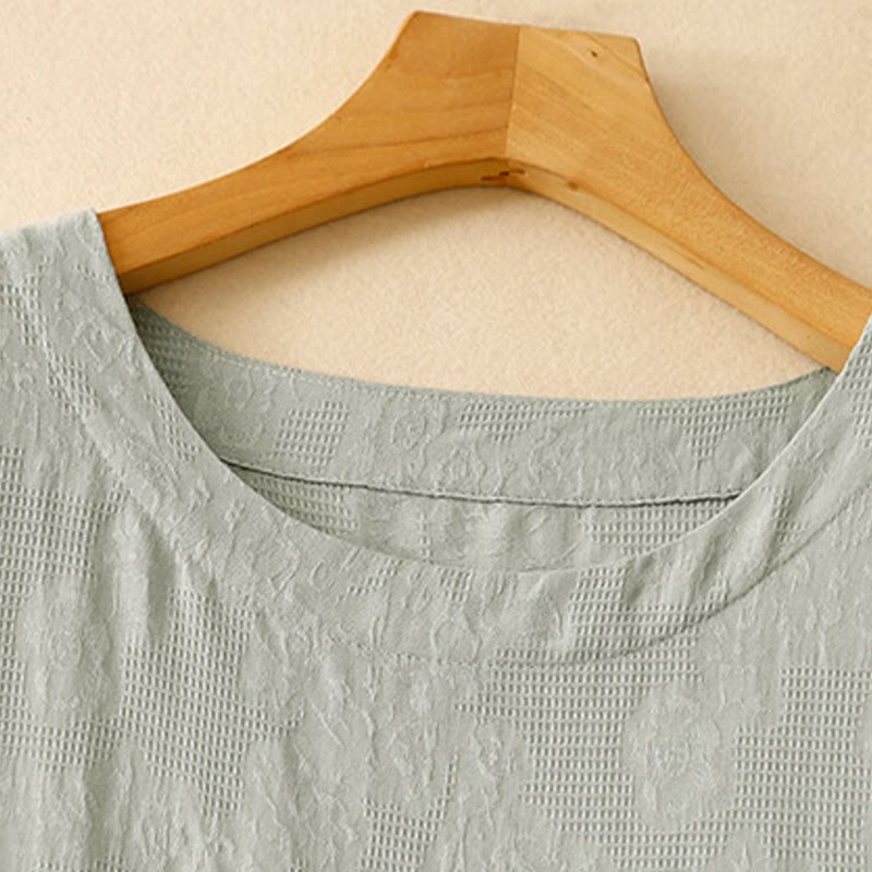 Buddha Stones Summer Jacquard Plain Elastic Cuff Design Crew Neck Short Sleeve Cotton Midi Dress