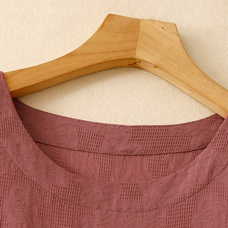 Buddha Stones Summer Jacquard Plain Elastic Cuff Design Crew Neck Short Sleeve Cotton Midi Dress