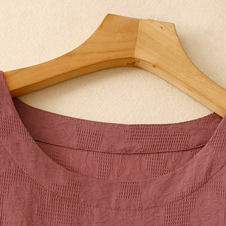 Buddha Stones Summer Jacquard Plain Elastic Cuff Design Crew Neck Short Sleeve Cotton Midi Dress