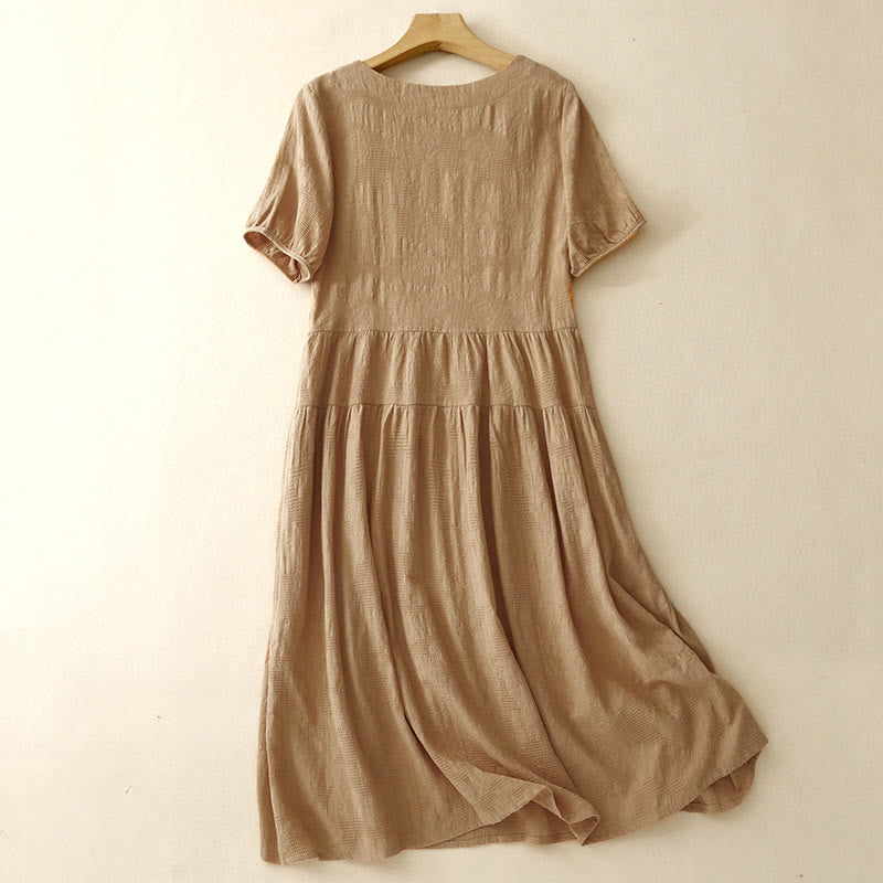 Buddha Stones Summer Jacquard Plain Elastic Cuff Design Crew Neck Short Sleeve Cotton Midi Dress